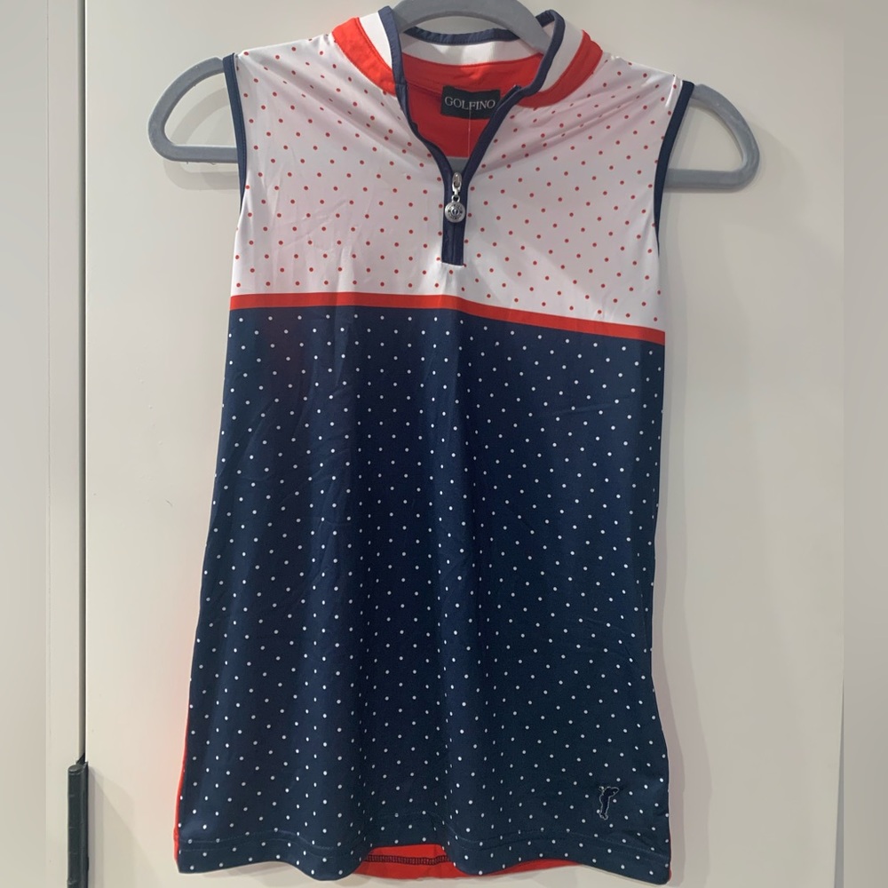 NWT Golfino Sleeveless Polkadot Half Zip Golf Troyer; Blue, White, & Red Small